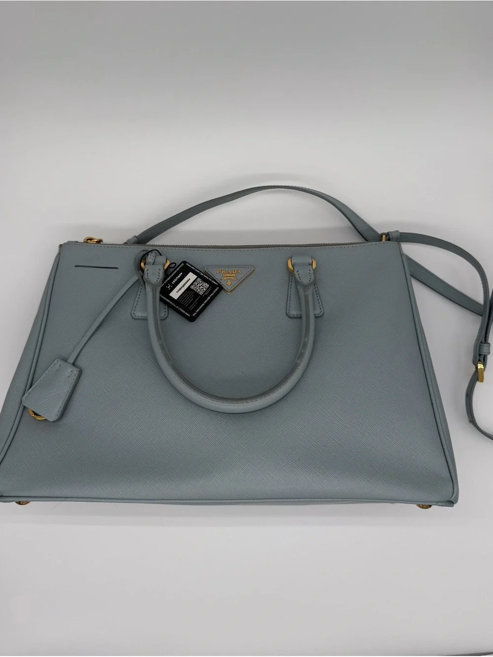 Prada Saffiano Leather Satchel in Light Blue-Gray with Gold Hardware